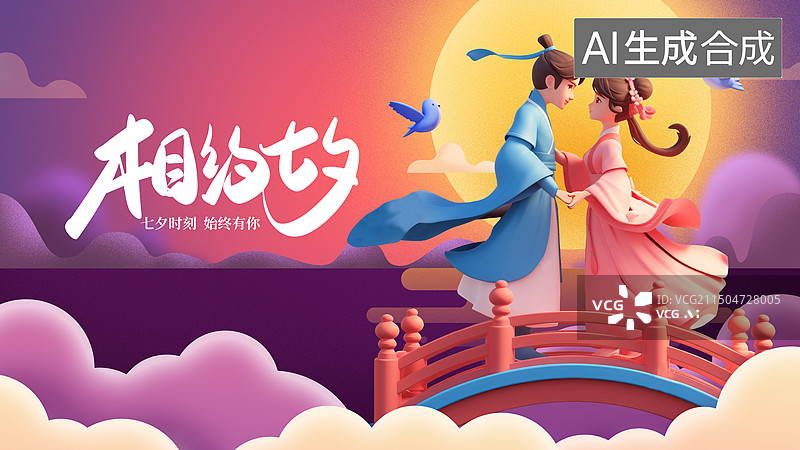 【AI数字艺术】情人节三维男女七夕节海报模板图片素材