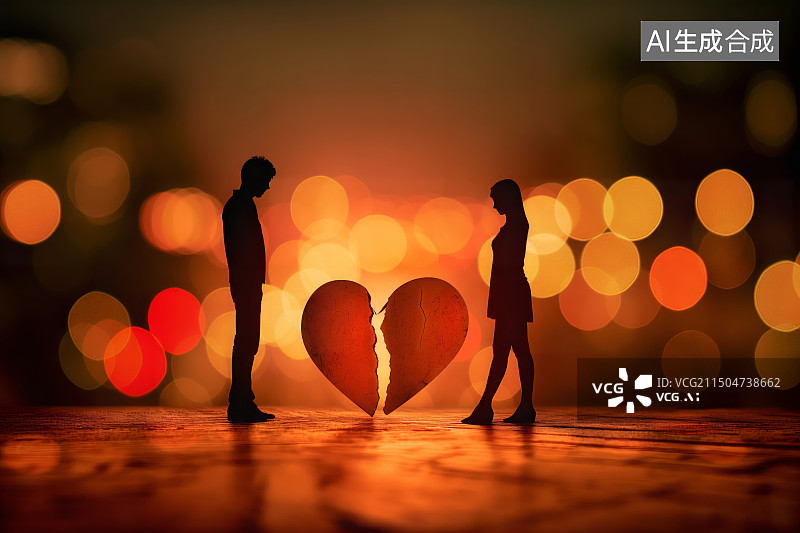【AI数字艺术】一对男女站在一颗破碎的心的两边，感情、婚姻、情感、恋爱概念图片素材