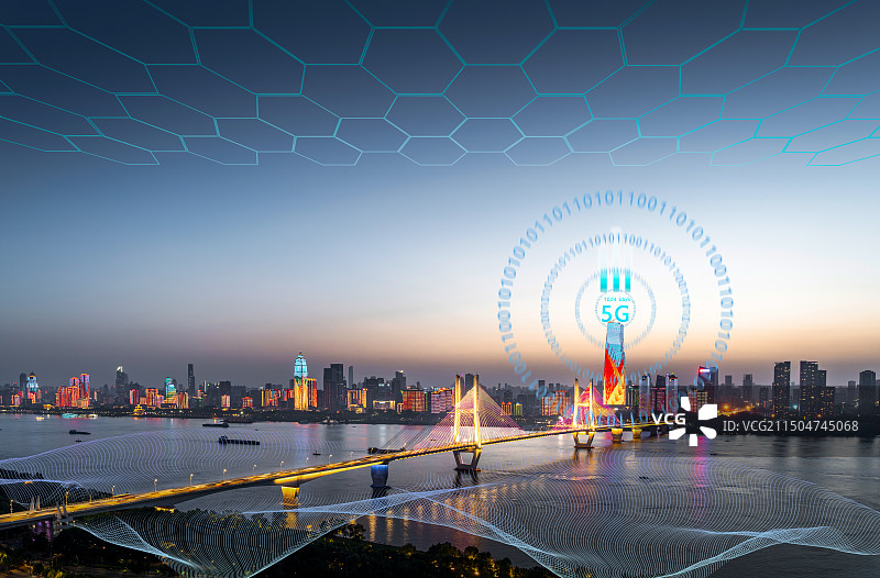 现代科技大数据城市背景，武汉长江二桥图片素材