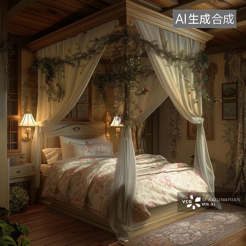 【AI数字艺术】浪漫温馨四柱床图片素材