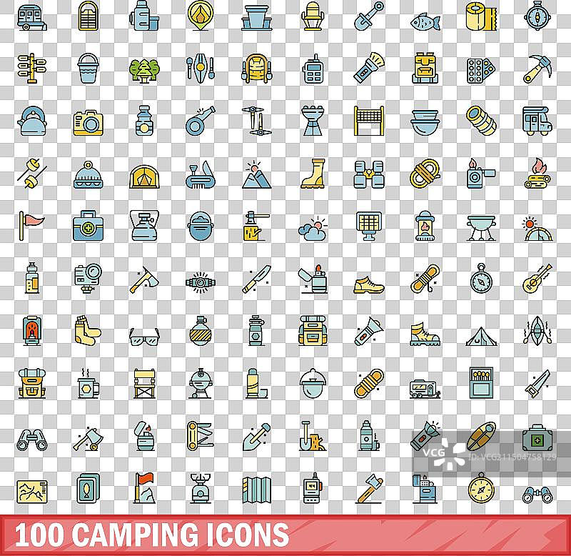 100个彩色线性风格露营图标图片素材