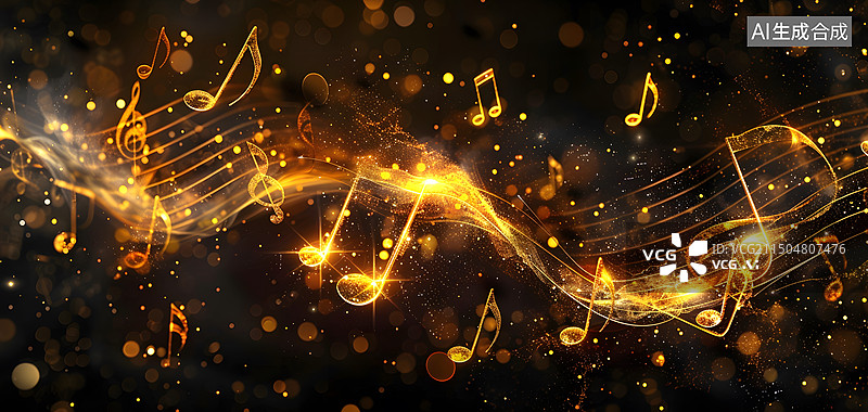 【AI数字艺术】金色粒子音乐符号概念创意背景图片素材