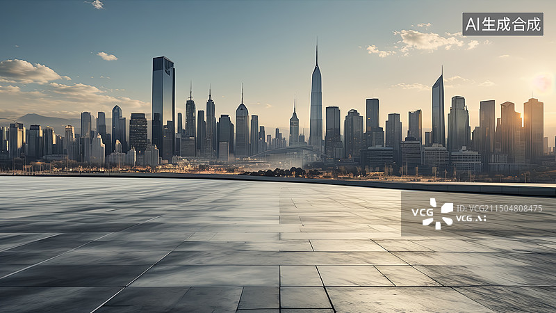 【AI数字艺术】空白的平台与城市天际线建筑图片素材
