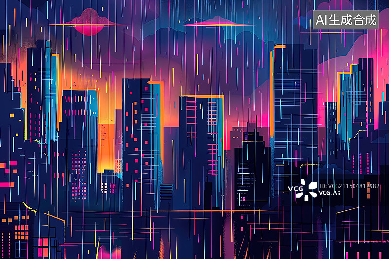【AI数字艺术】雷电暴雨中的城市插画图片素材