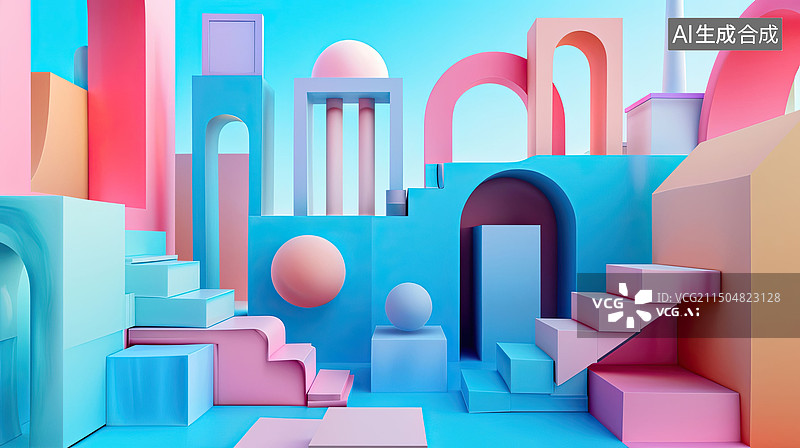 【AI数字艺术】卡通清新几何场景多巴胺配色图片素材