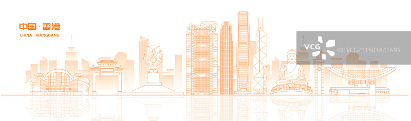 香港城市地标建筑橙色线稿矢量插画海报图片素材