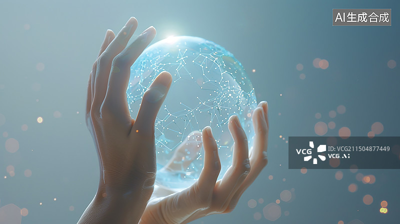【AI数字艺术】手捧着能量粒子地球全球通信概念图片素材