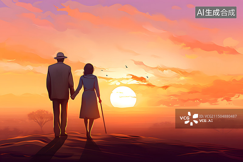 【AI数字艺术】老年夕阳红手牵手陪伴插画背景图片素材