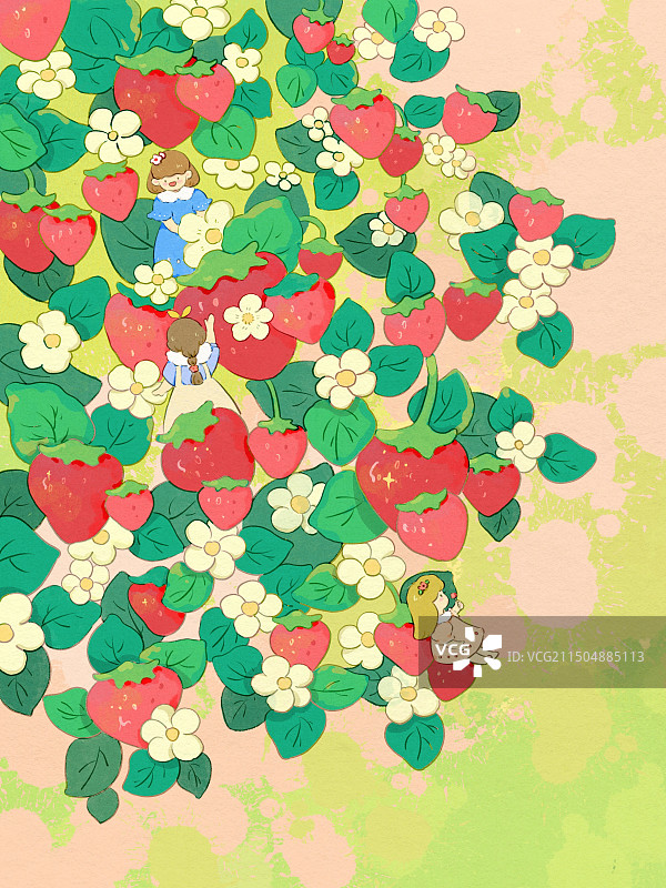 草莓园小场景可爱卡通治愈插画绿色自然图片素材