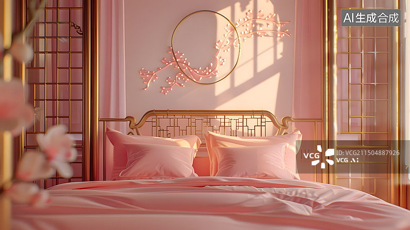 【AI数字艺术】国风粉色公主卧室室内设计插画图片素材