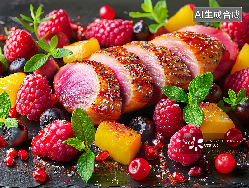 【AI数字艺术】煎猪排鱼排肉配水果食物摄影图图片素材