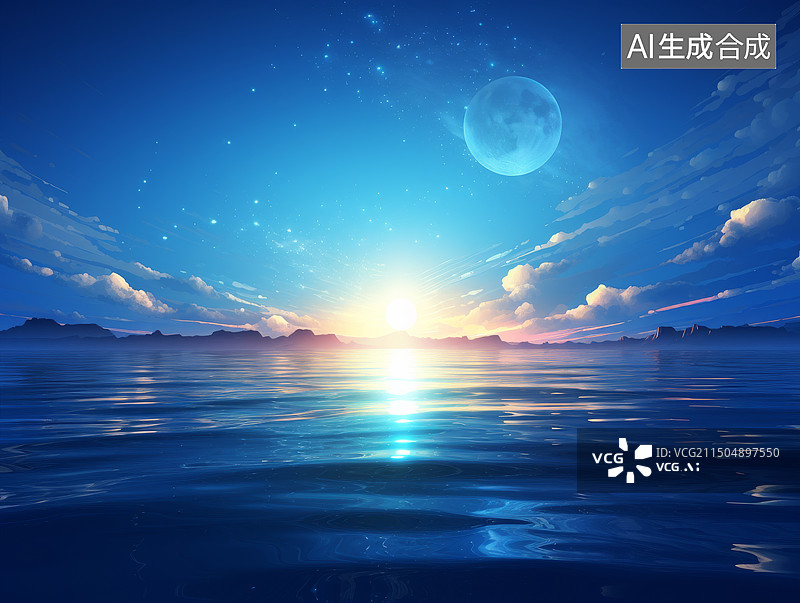 【AI数字艺术】月光照亮的宁静海面图片素材