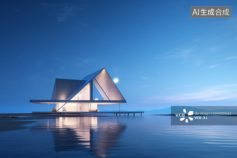 【AI数字艺术】夜晚海上的现代艺术建筑博物馆图片素材