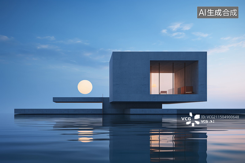 【AI数字艺术】夜晚海上的现代艺术建筑博物馆图片素材