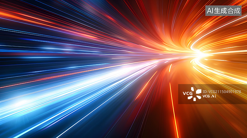 【AI数字艺术】黑色背景下冷暖对比的彩色光线与光轨，空间道路，科技概念背景图图片素材