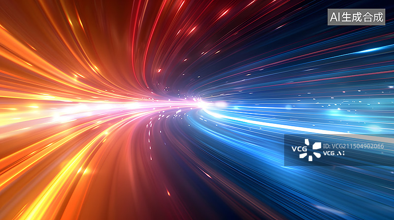 【AI数字艺术】黑色背景下冷暖对比的彩色光线与光轨，空间道路，科技概念背景图图片素材