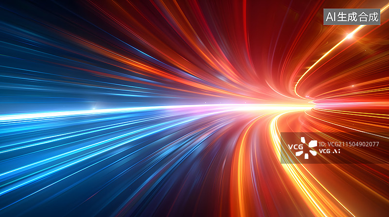 【AI数字艺术】黑色背景下冷暖对比的彩色光线与光轨，空间道路，科技概念背景图图片素材