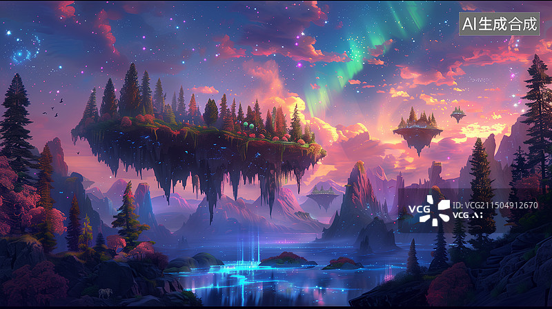 【AI数字艺术】空中岛屿空中花园悬浮梦幻奇幻唯美大场景创意设计艺术插画图片素材