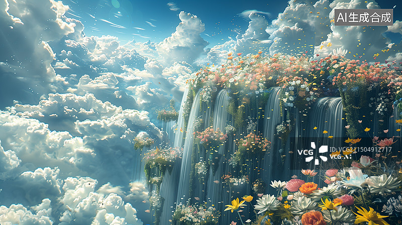 【AI数字艺术】空中花园空中岛屿鲜花奇幻梦幻唯美创意设计艺术插画图片素材
