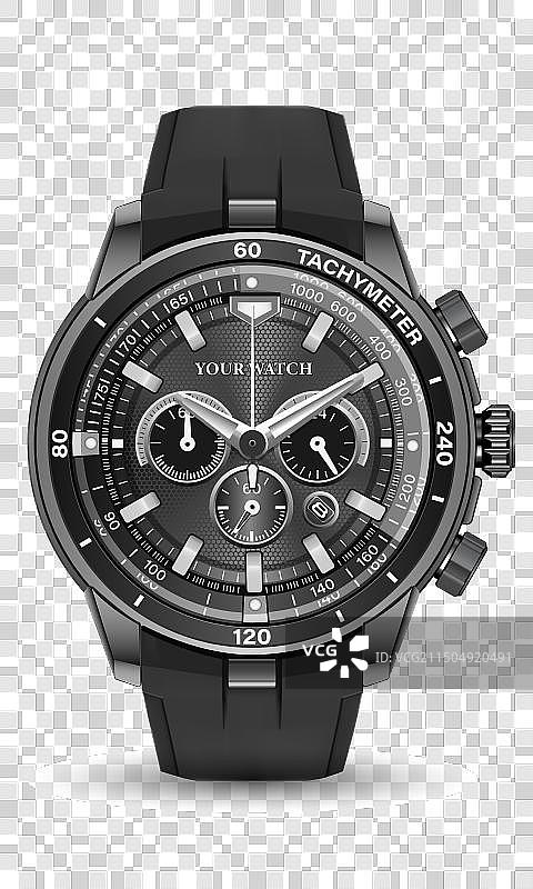 逼真的黑色钢制计时腕表图片素材