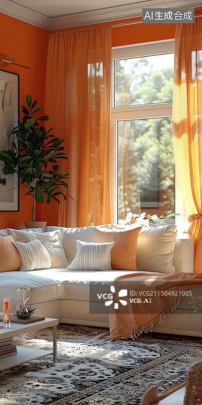 【AI数字艺术】温馨舒适的现代风格橙色调客厅图片素材