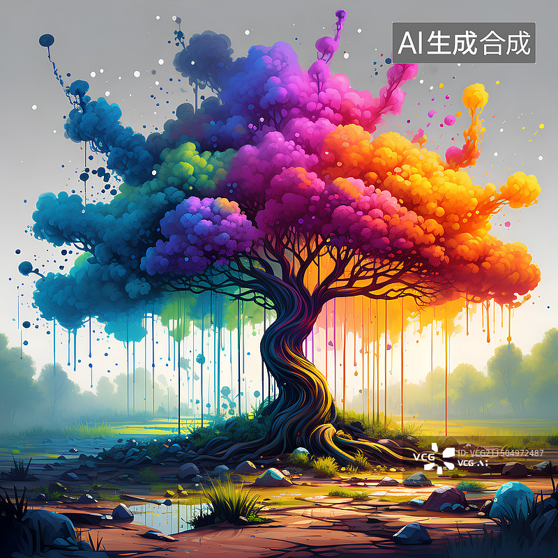 【AI数字艺术】艺术创想，一棵璀璨触媒树，水彩泼墨风格。图片素材