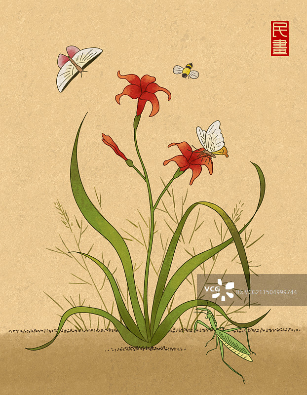 韩国民间绘画花卉蝴蝶蜜蜂螳螂昆虫图片素材