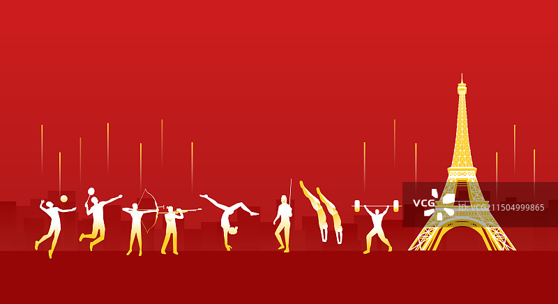 红金法国巴黎奥运会矢量插画设计，埃菲尔铁塔图片素材