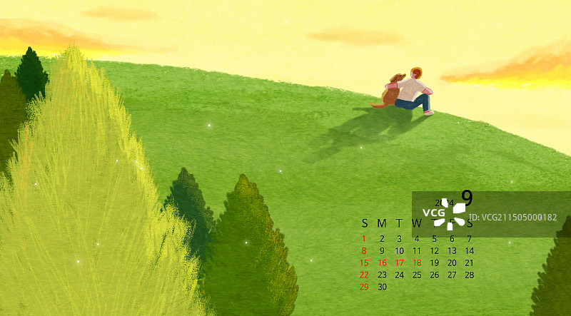 2024年9月日历 宠物狗日落草地景色图片素材