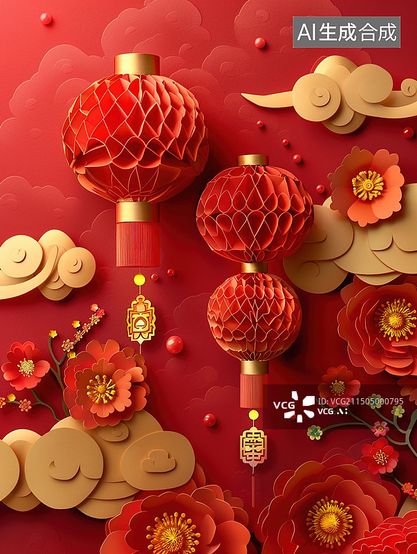 【AI数字艺术】中国灯笼 剪纸风格图片素材