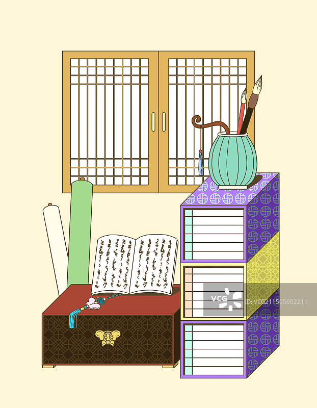 韩国传统物件：文具、书籍与梳妆台图片素材
