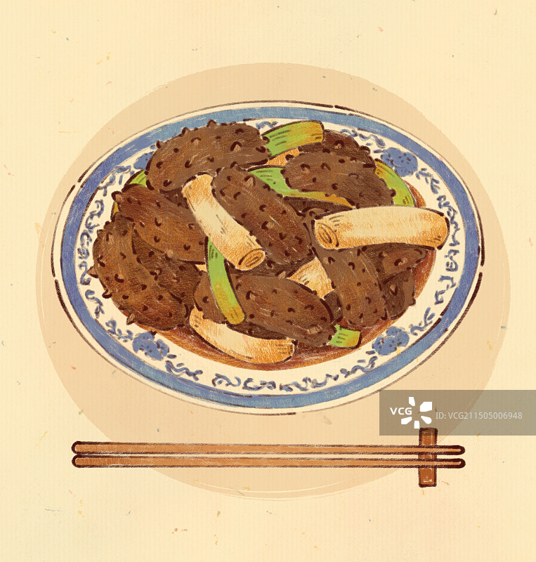 手绘山东特色美食鲁菜葱烧海参插画图片素材