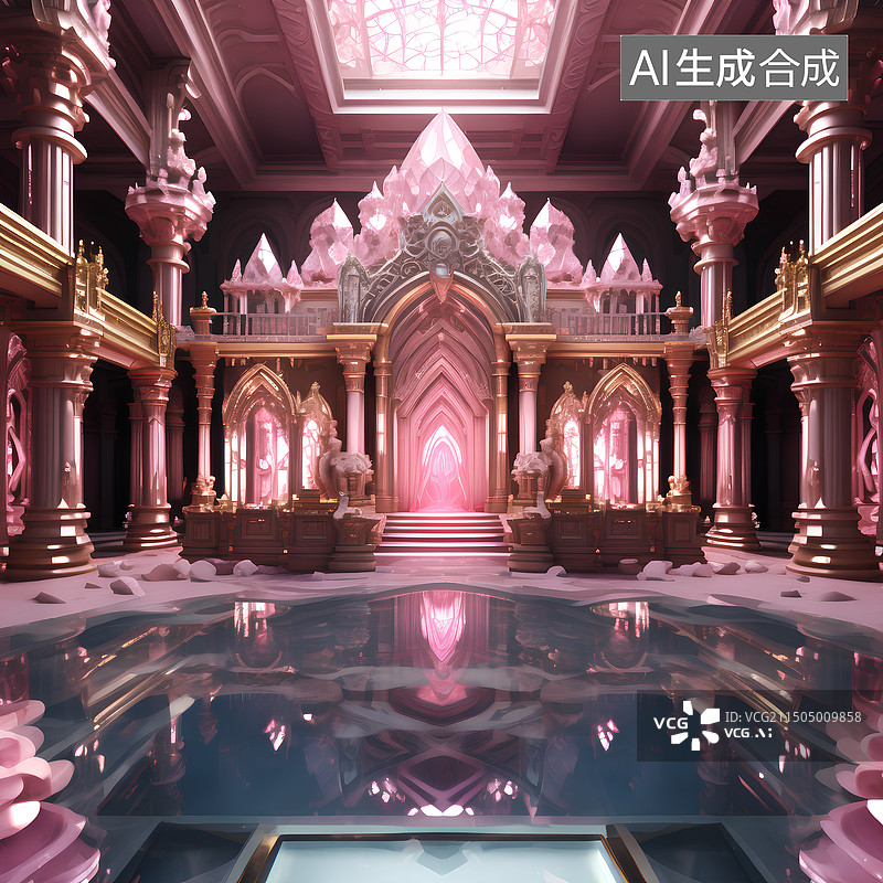 【AI数字艺术】粉色水晶宫殿，复古设计。图片素材