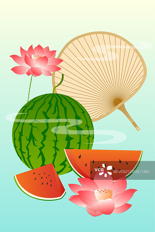 夏日西瓜荷花插画图片素材