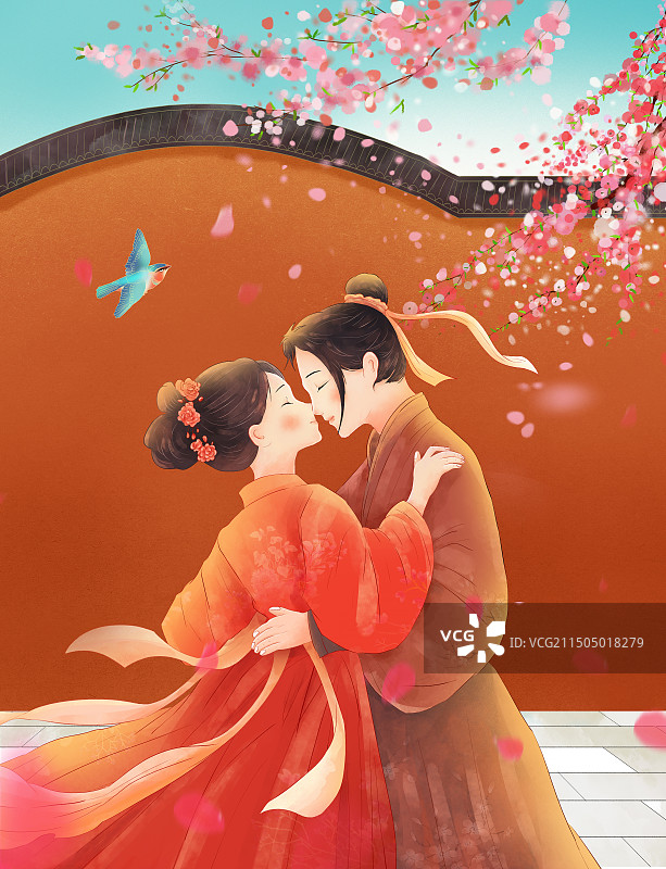 七夕牛郎织女古墙边相会拥抱 古代神话传说场景 国潮风插画 竖版图片素材