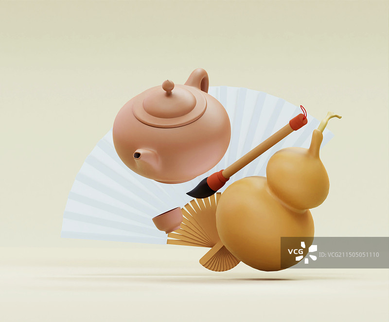 3D中国传统文化葫芦茶壶画卷毛笔图片素材