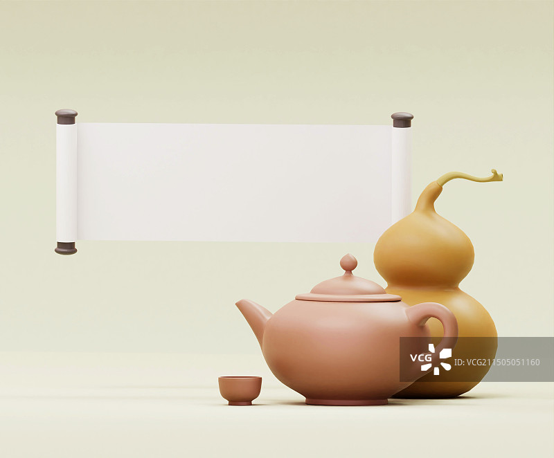 3D中国传统文化葫芦茶壶画卷毛笔图片素材