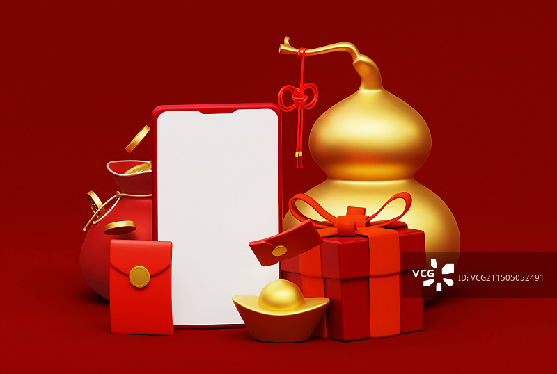 3D渲染春节节日吉祥发财元宝金葫芦元素海报设计图片素材