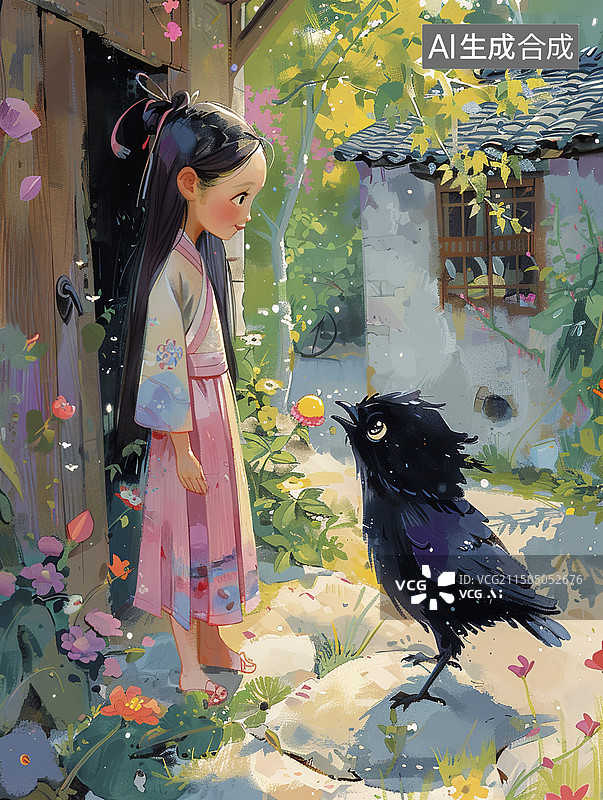 【AI数字艺术】一个女孩在给乌鸫鸟喂食图片素材