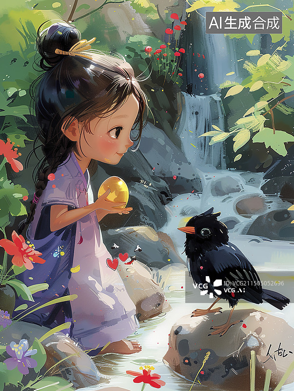 【AI数字艺术】一个女孩在给乌鸫鸟喂食图片素材