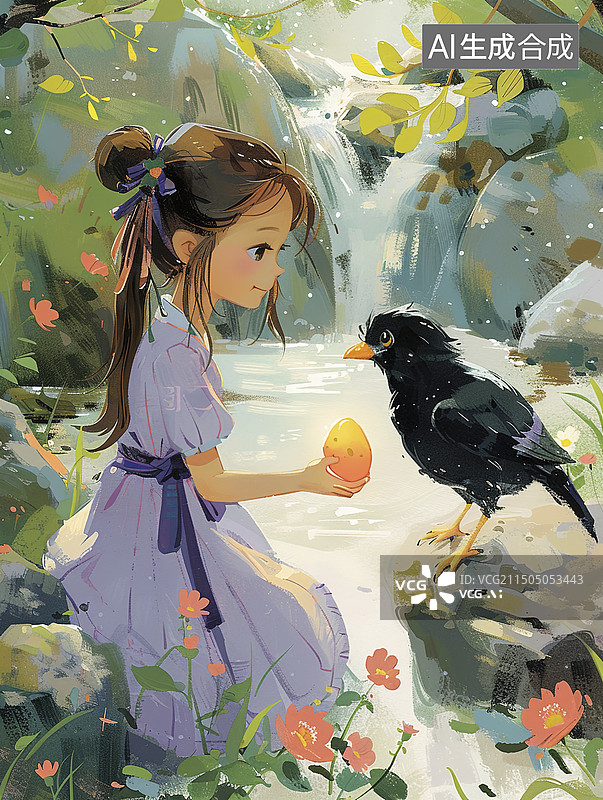 【AI数字艺术】一个女孩在给乌鸫鸟喂食图片素材