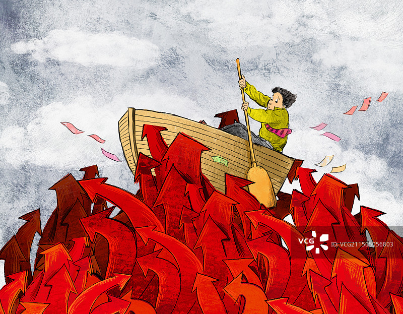 在红色箭头海洋里划船的男性图片素材