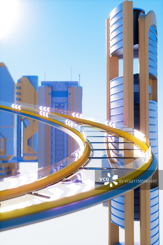 悬浮公路城市建筑群3D渲染空间背景图片素材