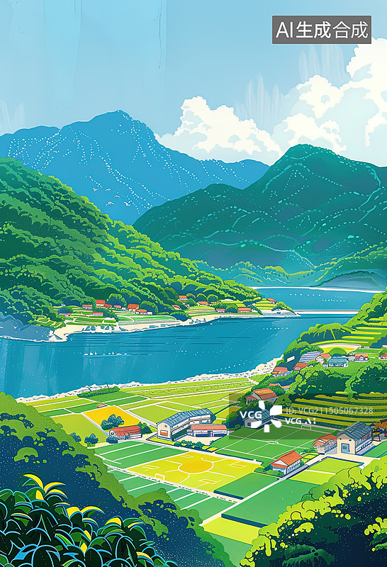 【AI数字艺术】手绘山间风景图片素材