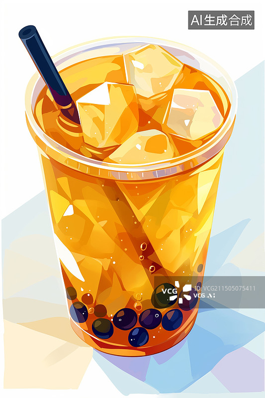 【AI数字艺术】桌面塑料杯中带冰块吸管的珍珠奶茶3D插画图片素材