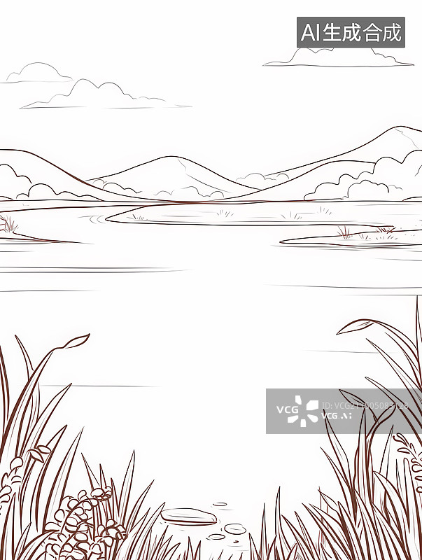 【AI数字艺术】宁静湖畔的线条风景图片素材