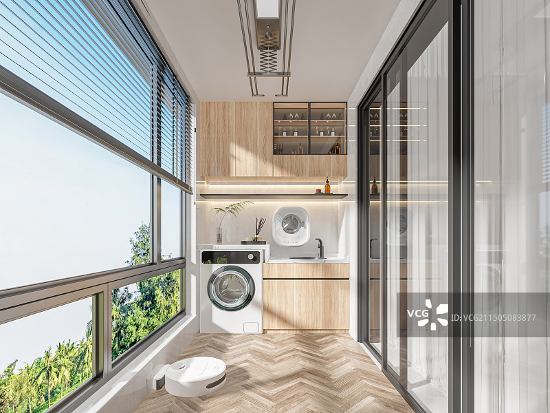 现代风格生活阳台嵌入式洗衣机和智能扫地拖地机器人图片素材