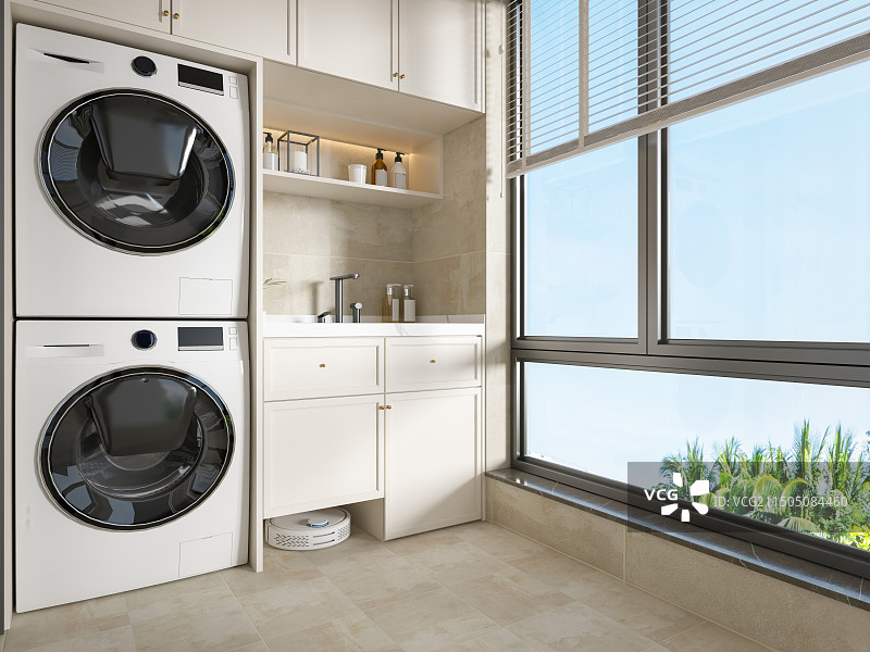 现代风格生活阳台嵌入式洗衣机和智能扫地拖地机器人图片素材