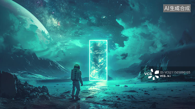 【AI数字艺术】宇航员走向超现实风景中的传送门图片素材