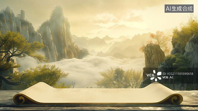 【AI数字艺术】山水画卷轴画卷图片素材